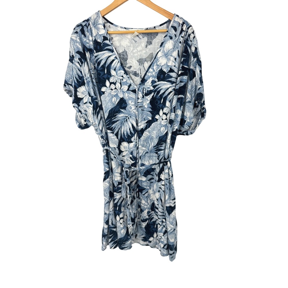 H&M Floral Mini Dress Size XXL Blue Linen Blend Belted Tropical Coastal Feminine